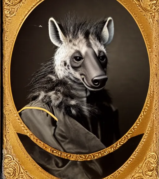 Image similar to professional studio photo portrait of anthro anthropomorphic spotted hyena head animal person fursona smug smiling wearing elaborate pompous royal king robes clothes wallet frame by Louis Daguerre daguerreotype tintype