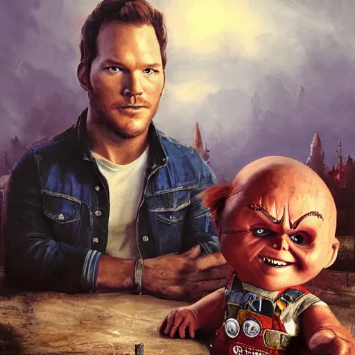 Image similar to the actor chris pratt sitting beside the doll chucky, disney land as backdrop, oil painting, by greg rutkowski