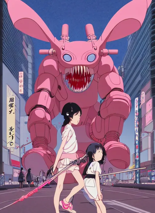 Image similar to Artwork by James Jean, Phil noto and hiyao Miyazaki; a young Japanese future samurai police girl named Yoshimi battles an enormous looming evil natured carnivorous pink robot on the streets of Tokyo; Japanese shops and neon signage; crowds of people running; Art work by studio ghibli, Phil noto and James Jean