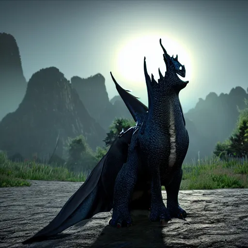 Image similar to photorealistic full shot of toothless at moonlight, high detail, unreal engine 4k volumetric light, fog,