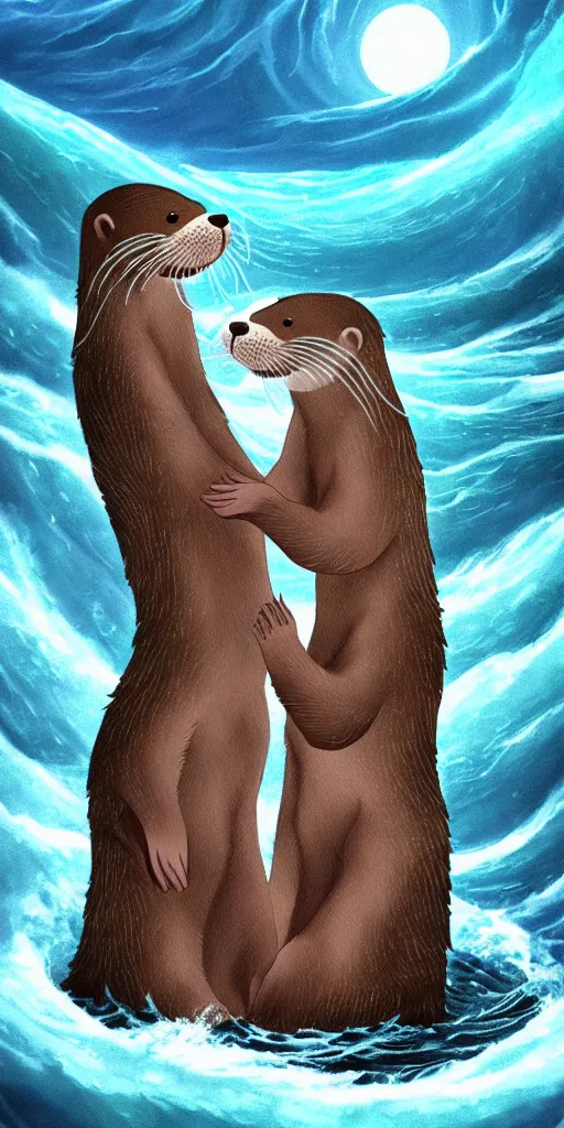 Image similar to An adorable Otter saving his wife from the whirlpool, in love holding hands side by side, in the middle of a super scary storm at sea, thunder, lightning, waves, fantasy illustration, cinematic, award winning, romantic, detailed trending on artstation, masterpiece