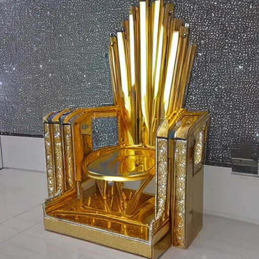 Image similar to golden chrome art deco throne in space