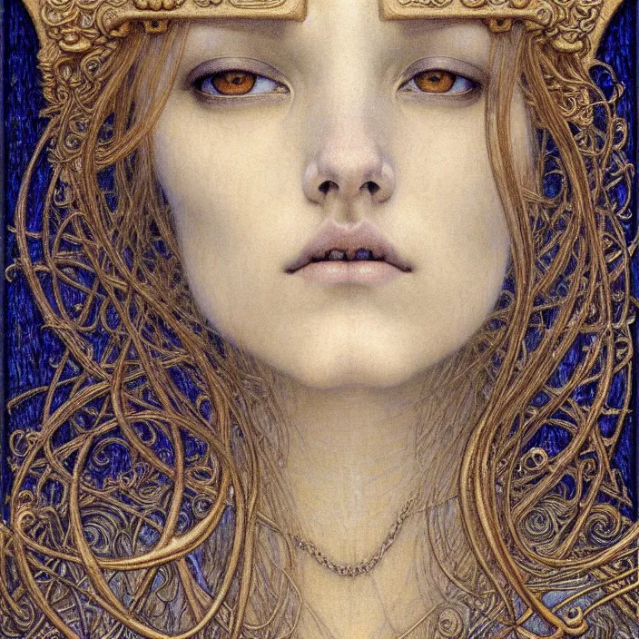 Image similar to detailed realistic beautiful young medieval queen face portrait by jean delville, gustave dore and marco mazzoni, art nouveau, symbolist, visionary, gothic, pre - raphaelite. horizontal symmetry