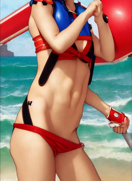 Image similar to portrait Harley Quinn as sea lifeguard on the beach, full length shot, shining, 8k highly detailed, sharp focus, illustration, art by artgerm, mucha, bouguereau