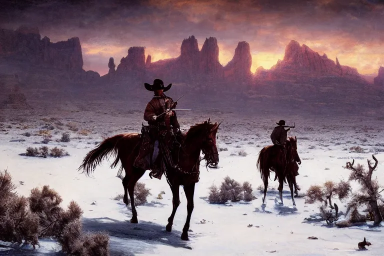 Image similar to an ultradetailed image of jense ackles as an old west gunfighter shooting at a charging wendigo, horrifying supernatural monsters, ultrawide lens, aerial photography, desert landscape with snowy mountains in the far background, masterpiece, 8 k, art by greg rutkowski and albert bierstadt