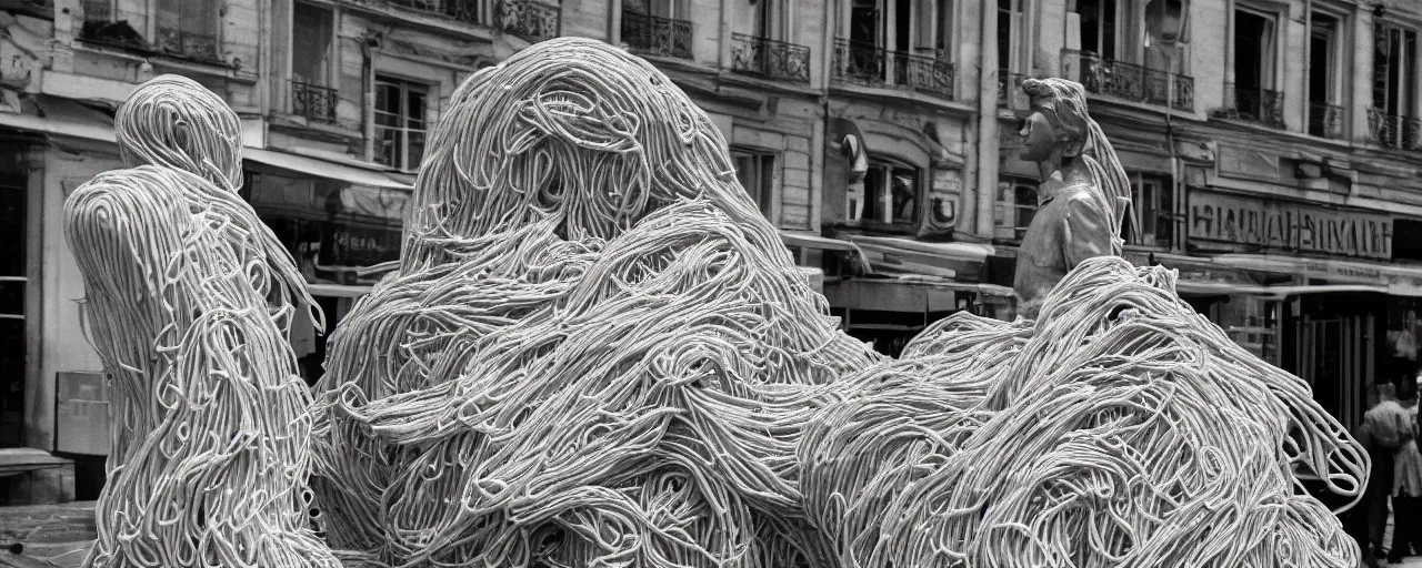 Image similar to a statue made of spaghetti in a busy parisian plaza, canon 5 0 mm, cinematic lighting, photography, retro, film, kodachrome, closeup