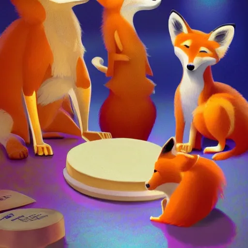 Prompt: foxes judging a cheese competition, furry, cute, disney style, artstation, detailed, award winning, dramatic lighting, cheese, fox, cheese competition, cheese contest, soft lighting, tv show, vaporwave, pixar