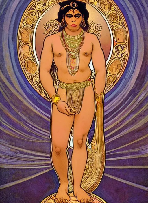 Prompt: a full body portrait of beautiful ornated hanuman!!!! god with flowing medium hair, soft facial features, kind appearence, digital art by alphonse mucha, inspired by krishen khanna and madhvi parekh, symmetrical body, artgerm, portrait, muted color scheme, highly detailed, outrun art style