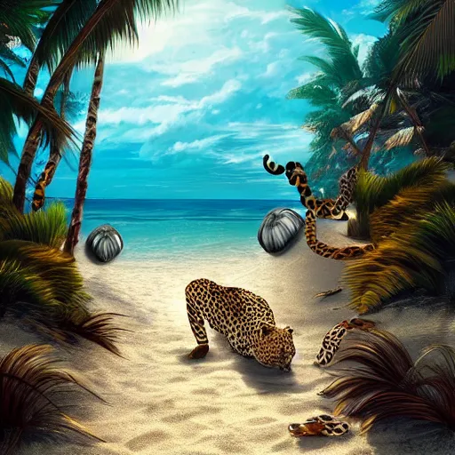 Image similar to a beach with with shells and a leopard walking there, highly-detailed, dramatic lighting, artstation, 4k, cinematic landscape, photograph by Keanu Reeves