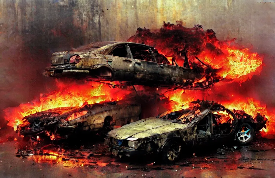 Prompt: abandoned car on fire, detailed painting, epic lighting, by ilya repin, phil hale and kent williams