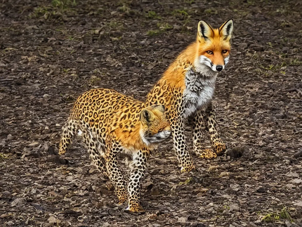 Image similar to a fox with leopard print, natural geographic, high quality photograph, stunning