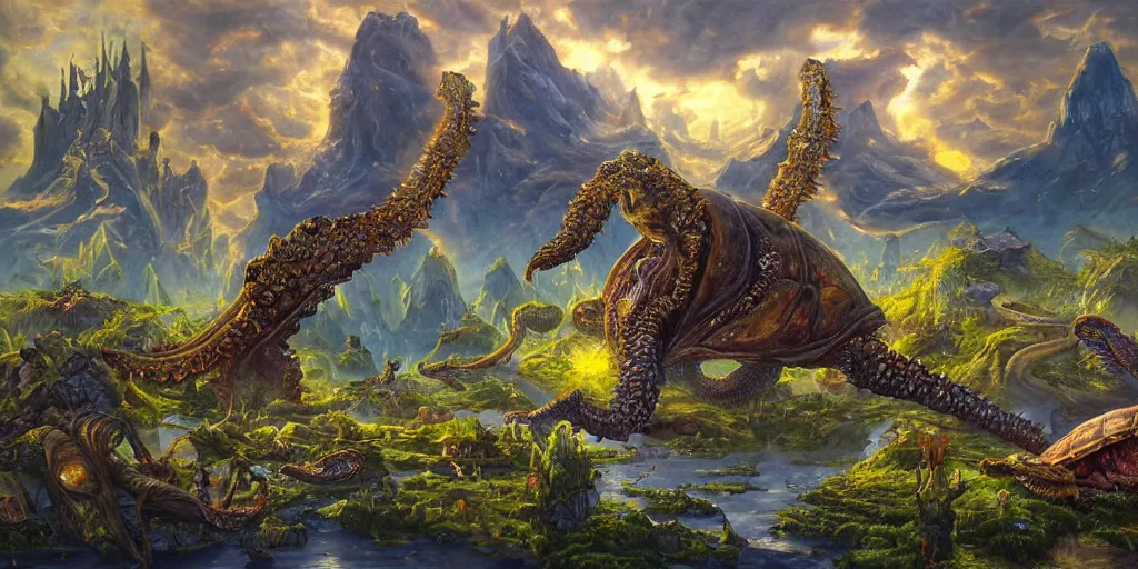 Image similar to fantasy oil painting, great leviathan, cybernetic turtle cephalopod terrapin reptilian pachyderm squid, bella hadid, hybrid, milla jovovich, anubis epic islamic city, natural light, lush plants flowers, spectacular mountains, bright clouds, luminous sky, outer worlds, golden hour, michael cheval, edward hopper, michael whelan, hd