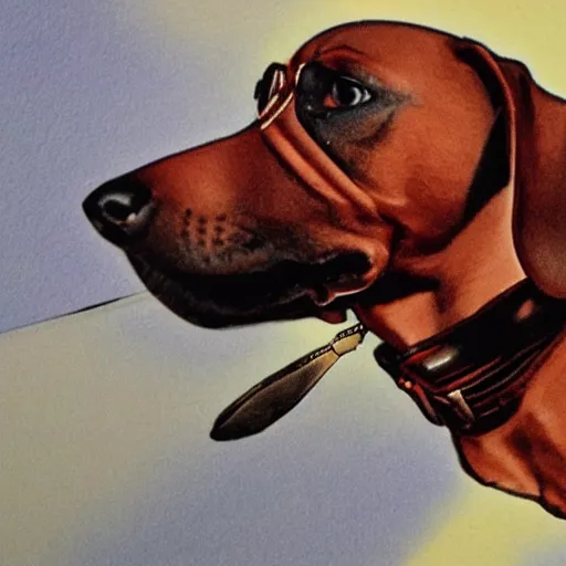 Image similar to a dachshund wearing aviators flying a biplane, detailed