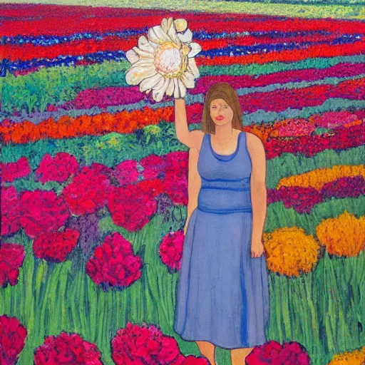 Image similar to woman standing in a flower field, head of flowers