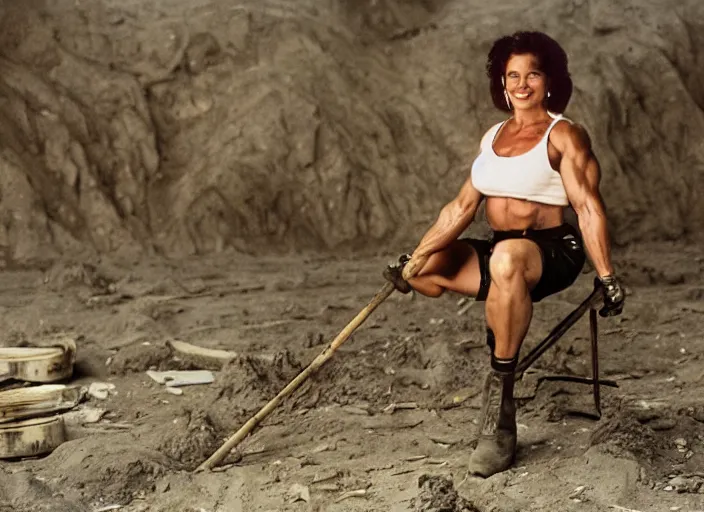 Prompt: 90's professional photo, A muscular woman who labors in the mines.