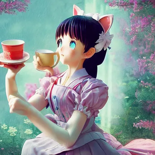 Image similar to Manga cover portrait of an extremely cute and adorable beautiful Victorian-chan ASMR anime girl with cat ears sipping a cup of tea, 3d render diorama by Hayao Miyazaki, official Studio Ghibli still, color graflex macro photograph