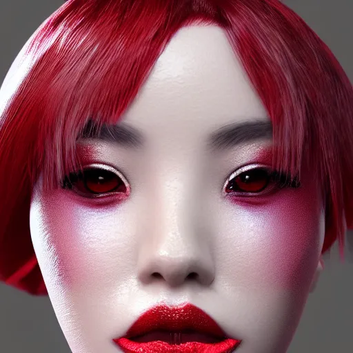 Prompt: Japanese model with maximalist hair style and makeup, fashion model, unreal engine octane, red and white, portrait, glitter, depth of field, 8k, hyper detailed, intricate, trending on artstation