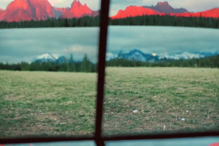 Prompt: film color photography, close-up mirror that reflected red at the green lawn, no focus, mountains in distance, 35mm