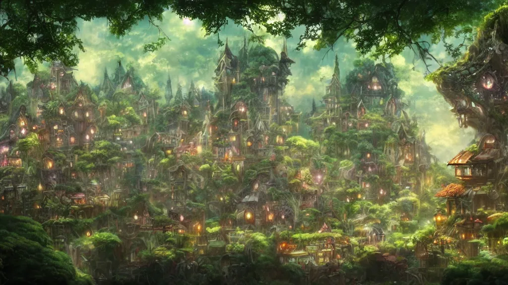 Prompt: a fairy city in a mystical magic forest, cinematic scene, studio ghibli, frank frazetta, trending on artstation