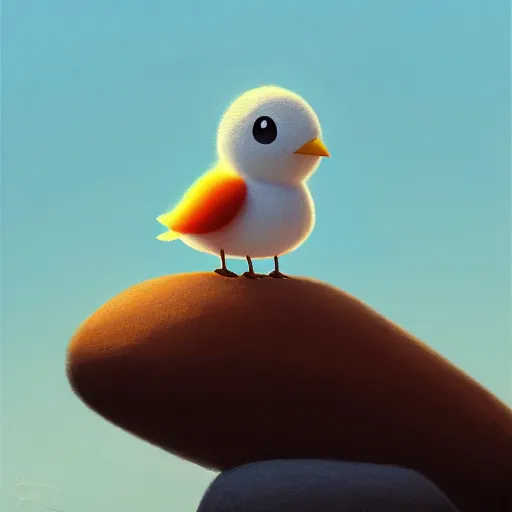 Prompt: goro fujita ilustration a cute little bird perched on a rock watching the ocean and the waves with their foam, the sky with fluffy clouds and makes a warm light, painting by goro fujita, sharp focus, highly detailed, artstation