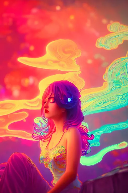 Image similar to a gorgeous woman surrounded by colorful liquid clouds and neon smoke, extremely detailed, psychedelic experience, psilocybin, dmt, lsd, face, highly detailed, artstation, alphonse mucha, hana yata, and artem demura and beeple, octane render, unreal engine, 8 k