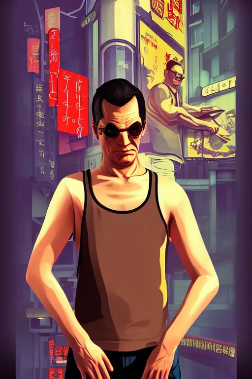 Image similar to boy with singlet tshirt and towel on shoulder. grand theft auto chinatown art style, bioshock art style pop art, no duplicate image, dynamic proportional, digital painting, artstation, concept art, smooth, sharp focus, illustration, intricate, hyperdetails, art by richard hamilton and mimmo rottela, pixels art by paul robertson