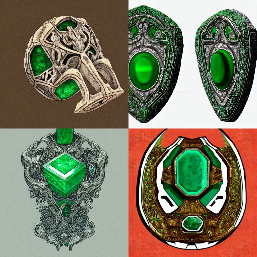 Prompt: an ancient white bone and emerald gemstone relic, intricate engraving, concept art style