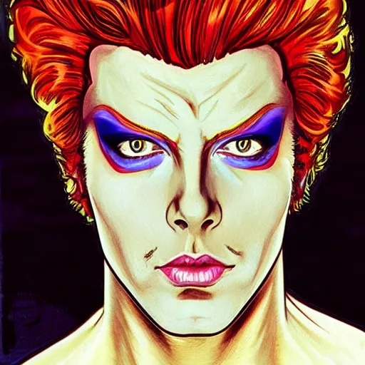 Prompt: tim curry as ziggy stardust, smooth, sharp focus, intricate, elegant, artgerm, alphonse mucha, trending on deviantart