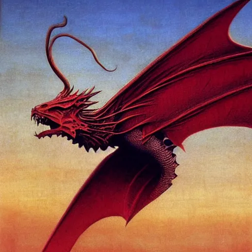 Image similar to red dragon concept, dragon head, dragon body, wings on the back, beksinski