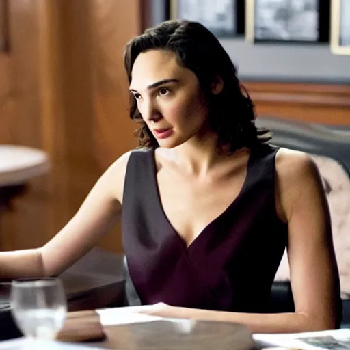 Prompt: still of gal gadot as female tony soprano in remake of the sopranos, in a meeting at the bada bing!,