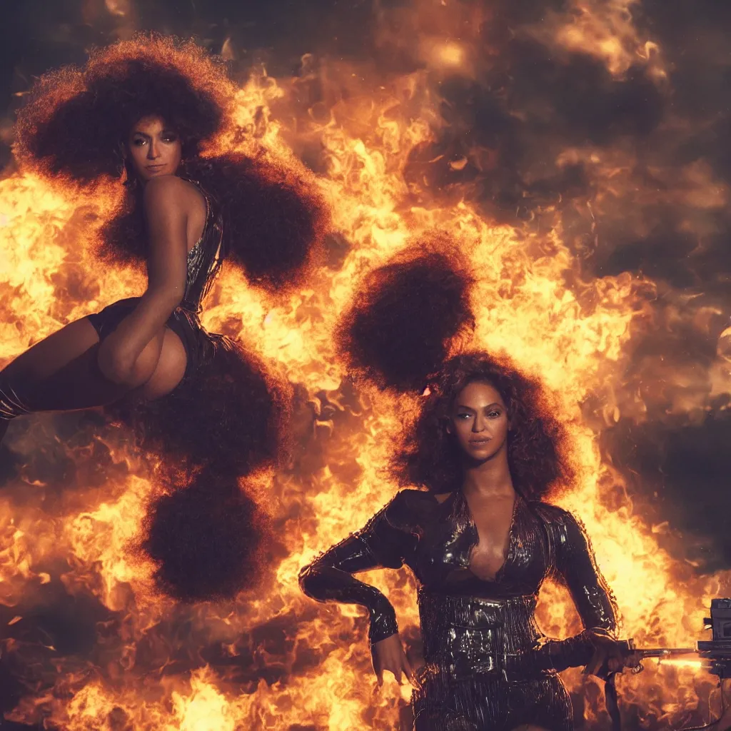 Image similar to beyonce with a afro hair style riding a hellfire missile, cinematic framing, cinematic lighting, hdr, gritty, movie still, 4k, 70s psychedelic style