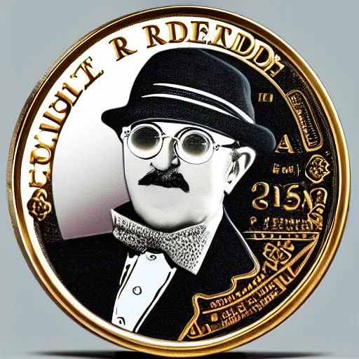 Prompt: A photograph of a delicious chocolate candy coin that is engraved with a portrait of leon redbone wearing a captain cap, highly detailed, close-up product photo, depth of field, sharp focus