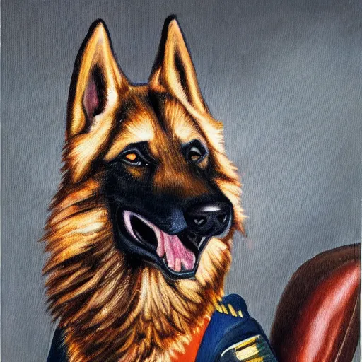 Image similar to a oil painting of a anthropomorphic german shepherd beast - man, wearing military outfit, sitting on an armchair