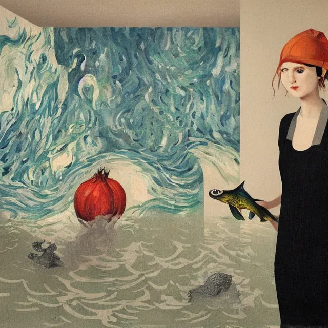 Image similar to tall emo female artist holding a large fish in her flooded kitchen, pomegranates, octopus, water gushing from ceiling, painting of flood waters inside an artist's apartment, a river flooding indoors, ikebana, zen, rapids, waterfall, black swans, canoe, berries, acrylic on canvas, surrealist, by magritte and monet