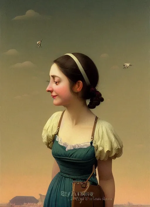 Image similar to hyper detailed 3 d render like a oil painting - cute portrait of a brunette called emma, italian looks, looking at camera, symmetrical face, long brunette hair, with a smiling cow looking over her shoulder by ryden, kawase hasui, dorothea tanning, edward hopper and james gilleard, aivazovsky, beksinski, outram, artstation