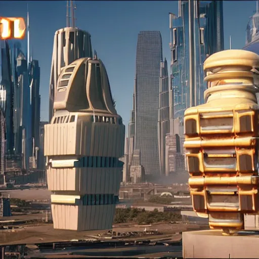 Image similar to a promotional movie still of a futuristic flying food truck is hovering high next to a tall building. candy is displayed with dramatic product lighting, the candy is pearlescent. a scene from fifth element ( 1 9 9 7 ), unreal engine 5, octane 3 d, render, imax 7 0 mm