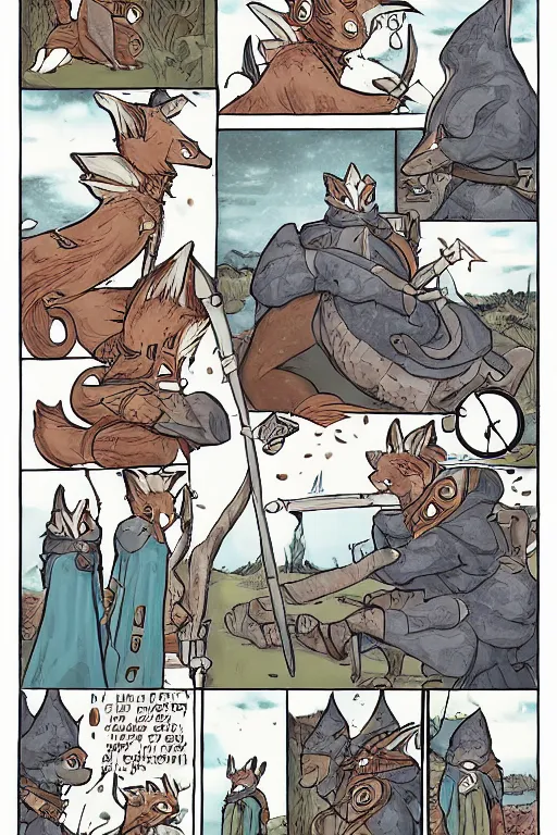 Image similar to a graphic novel comic about medival anthropomorphic foxes, by mike holmes, manga, webcomic, by kawacy