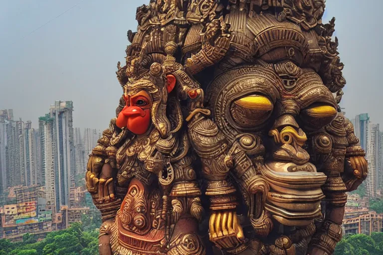 Image similar to high quality 3 d cyberpunk biomorphic hanuman head building in the middle of mumbai!!, kalighat highly detailed, cinematic smooth, stephen shore & john j. park, soft morning light, wide shot, high angle, uhd 8 k, deep focus