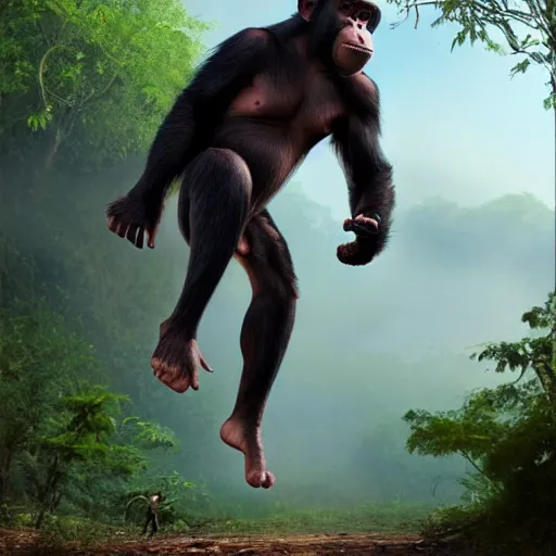 Image similar to Angry Chimpanzee Jumping, Epic Jump, Cinematic Photo, Cinematic Shot, Jungle, Foliage Boris Vallejo, Epic, 8k resolution, ArtStation, Hyperrealistic