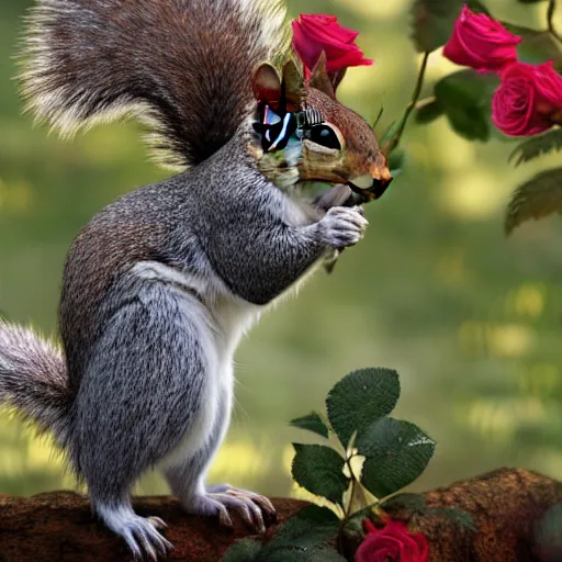 Image similar to Squirrel eating rose bush, realistic artstyle, wide shot, dramatic lighting, octane render, hyperrealistic, high quality, highly detailed, HD, beautiful, cinematic, 8k, unreal engine, facial accuracy, symmetrical