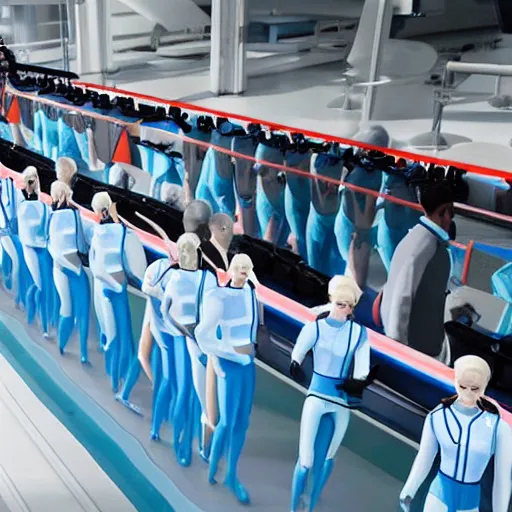 Prompt: troop in formation of athletic humans with light blue neoprene suits and white hair formation on a conveyor belt, futuristic laboratory, sci - fi, highly detailed, hyperrealistic