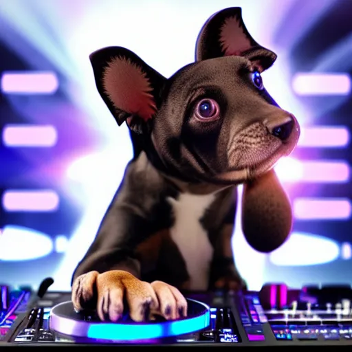 Image similar to puppy as a DJ, 8k, volumetric lighting, hyper realistic