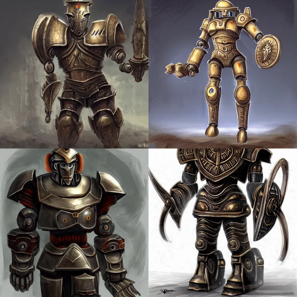 Prompt: concept art of a dwemer centurion robot