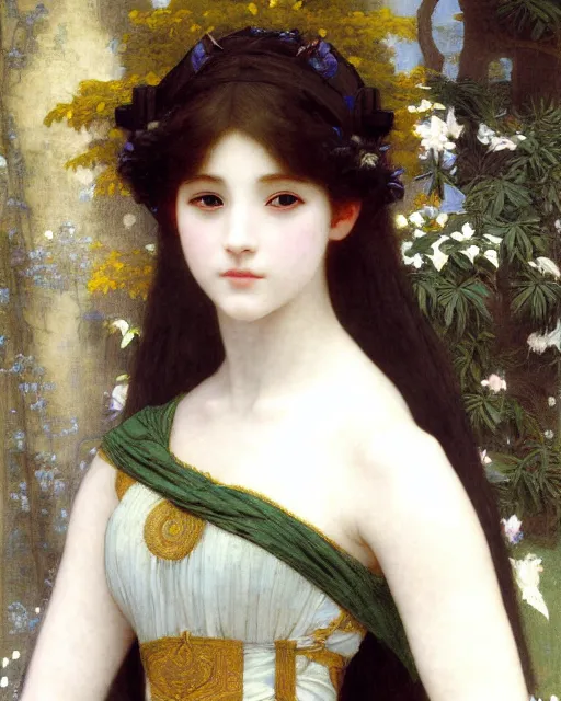 Prompt: beautiful anime style girl, she is standing in the middle of a palace, realistic painting, by Edgar Maxence and William-Adolphe Bouguereau