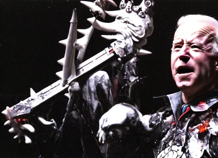 Image similar to publicity photo still of joe biden in gwar live on stage 1 9 9 8, 8 k, live concert lighting, mid shot