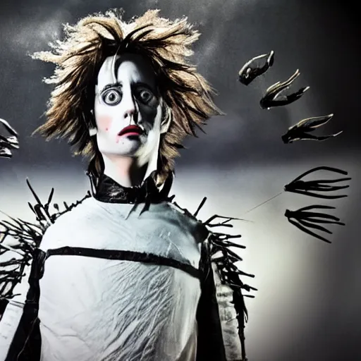 Prompt: first still taylor momson as edward scissorhands in edward scissorhands remake, ( eos 5 ds r, iso 1 0 0, f / 8, 1 / 1 2 5, 8 4 mm, postprocessed, crisp face, facial features )
