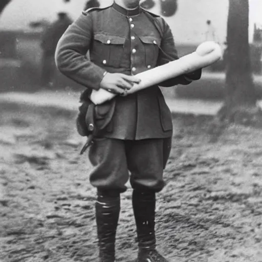 Prompt: WW1 photograph of a soldier wielding a hot dog like a gun