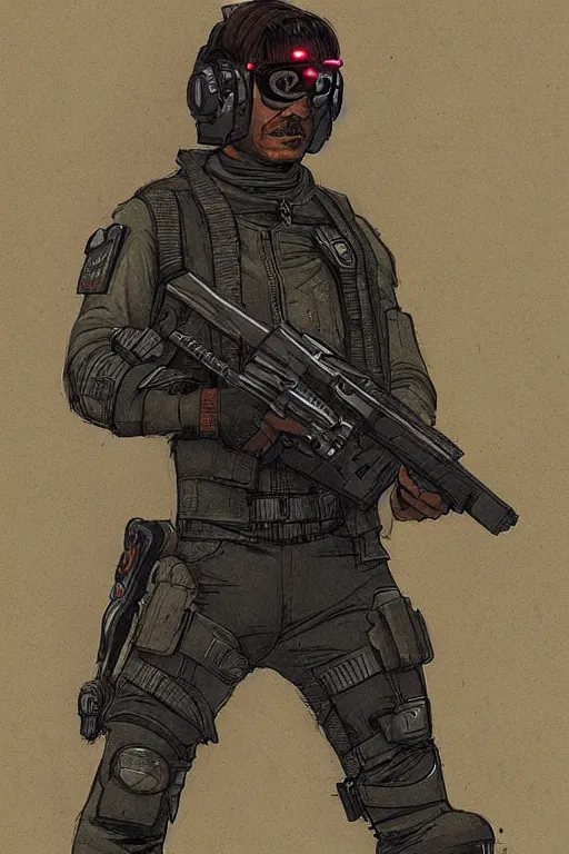 Image similar to Hector. Deadly blackops mercenary in tactical gear and cyberpunk headset. Blade Runner 2049. concept art by James Gurney and Mœbius.