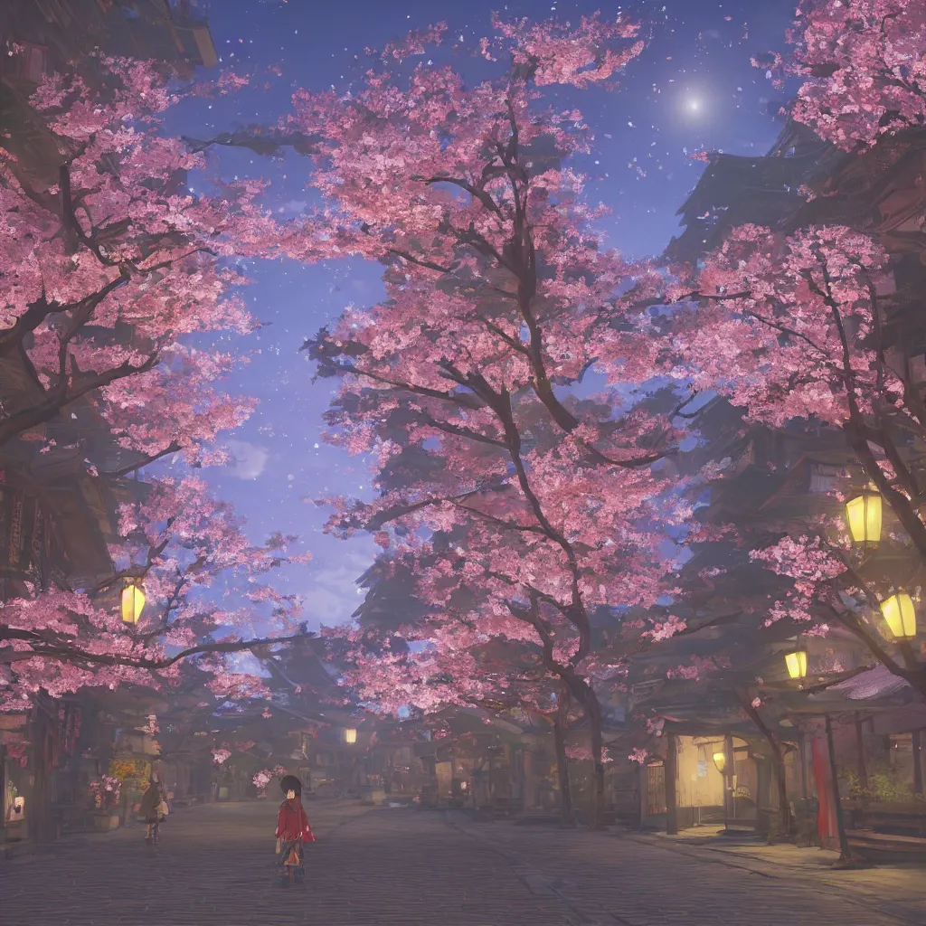 Image similar to Japanese street at night, cherry blossom petals, highly detailed, 3D render, digital art, artstation, 8K photography, matte photo-realistic, by Hayao Ghibli Miyazaki, breath of the wild style