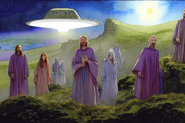 Prompt: a realistic and atmospheric watercolour fantasy character concept art portrait of a group of christians wearing robes and emerging from the mist on the moors of ireland at night. a ufo is in the background. by rebecca guay, michael kaluta, charles vess and jean moebius giraud
